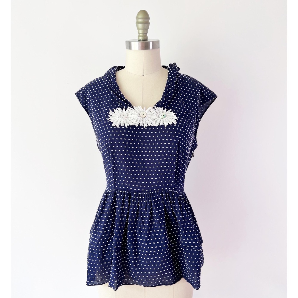 Girls from Savoy Peplum Top Navy Blue Polka Dot Lace Daisy Anthropologie 8